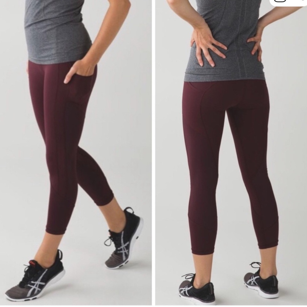 Lululemon All The Right Places Size 4 Leggings Color is Borduex Drama/Black